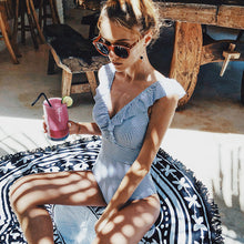 Load image into Gallery viewer, PLAVKY 2019 Sexy Female Retro V Neck Blue Striped