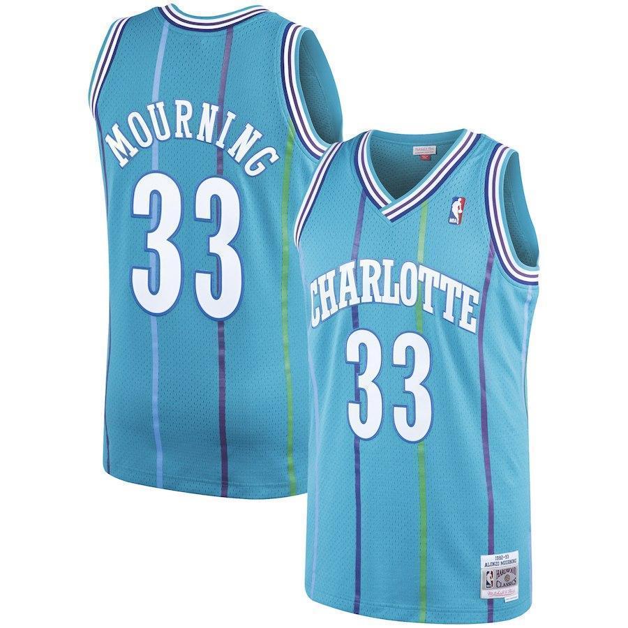 33-Alonzo Mourning Charlotte Hornets  Hardwood Classics Swingman Jersey – Teal