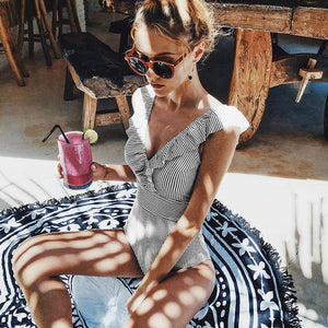 PLAVKY 2019 Sexy Female Retro V Neck Blue Striped